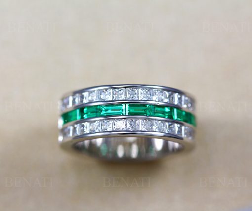 8mm Emerald And Diamond Three Row Eternity Band: Channel Set Baguette Emeralds Princess Cut Moissanite Ring