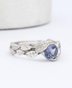 Alexandrite Leaf Engagement Ring Set: Diamond Branch Wedding Band - Image 4