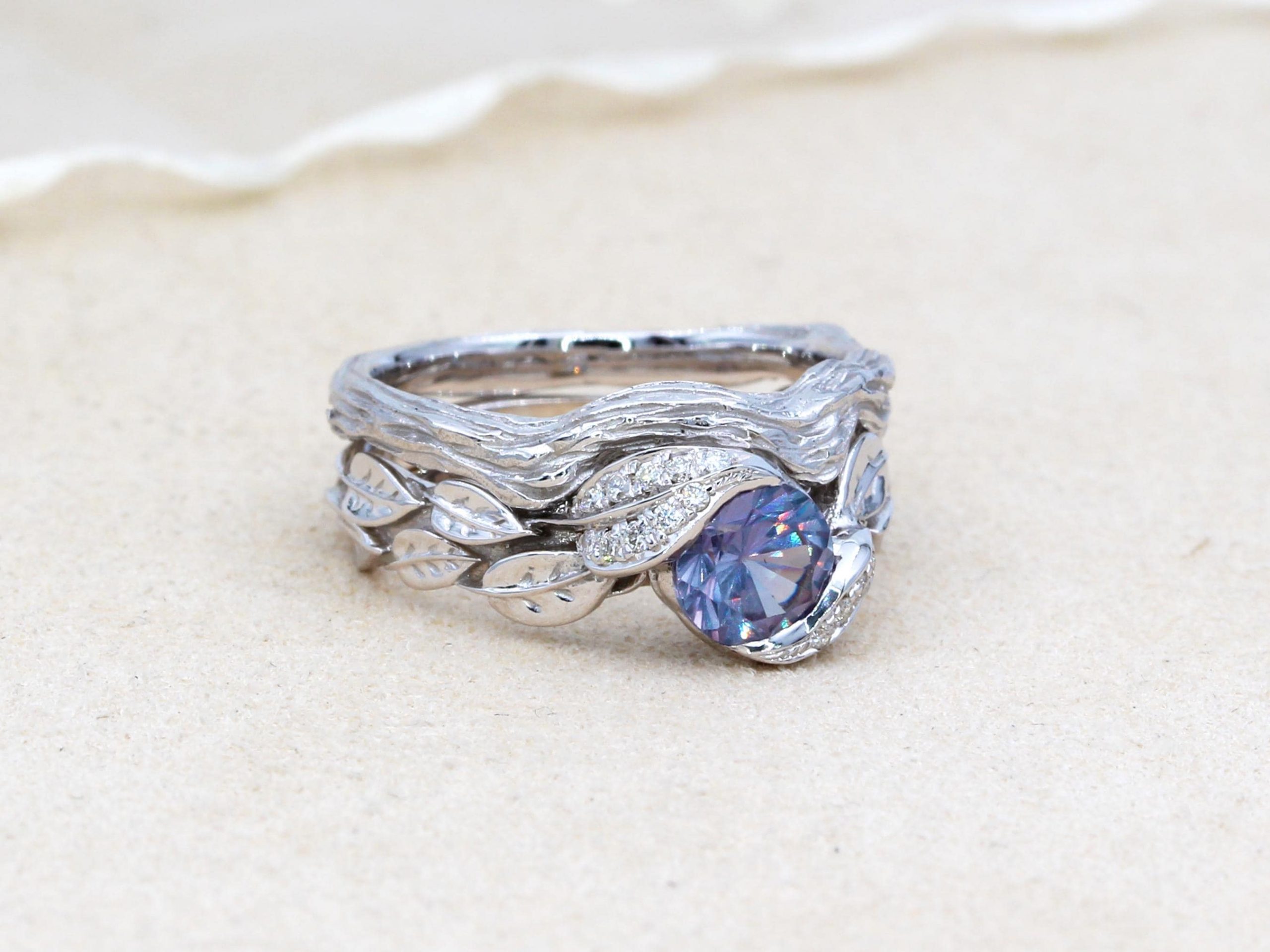 Alexandrite Leaf Engagement Ring Set: Diamond Branch Wedding Band