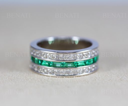 8mm Emerald And Diamond Three Row Eternity Band: Channel Set Baguette Emeralds Princess Cut Moissanite Ring