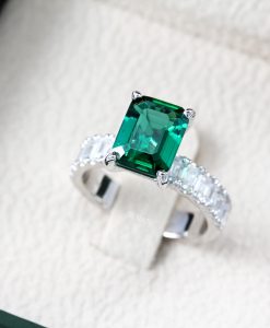 Lab Grown Emerald Engagement Ring: 14k White Gold Moissanite Accents - Image 2