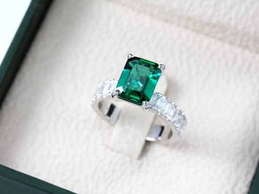 Lab Grown Emerald Engagement Ring: 14k White Gold Moissanite Accents