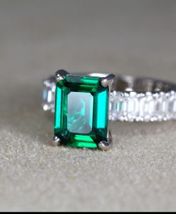 Lab Grown Emerald Engagement Ring: 14k White Gold Moissanite Accents - Image 7