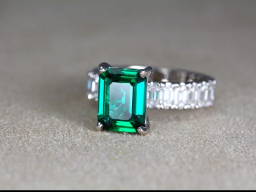 Lab Grown Emerald Engagement Ring: 14k White Gold Moissanite Accents