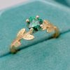 Gold Leaf Ring with Cushion Green Moissanite, Nature Inspired Engagement Ring
