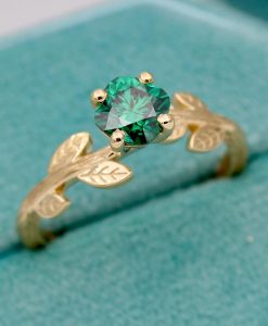 Gold Leaf Ring with Cushion Cut Green Moissanite, Nature Inspired Engagement Ring - Image 3