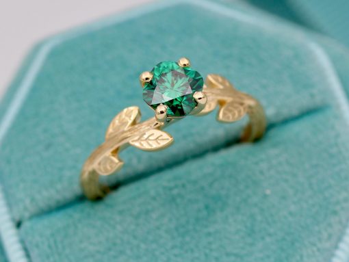 Gold Leaf Ring with Cushion Green Moissanite, Nature Inspired Engagement Ring