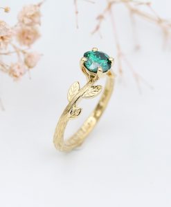 Gold Leaf Ring with Cushion Cut Green Moissanite, Nature Inspired Engagement Ring - Image 6