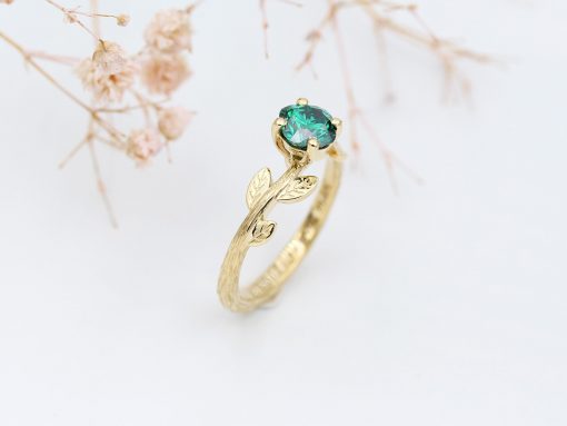 Gold Leaf Ring with Cushion Green Moissanite, Nature Inspired Engagement Ring