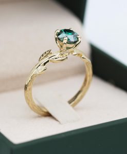 Gold Leaf Ring with Cushion Cut Green Moissanite, Nature Inspired Engagement Ring - Image 5