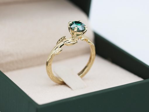 Gold Leaf Ring with Cushion Green Moissanite, Nature Inspired Engagement Ring