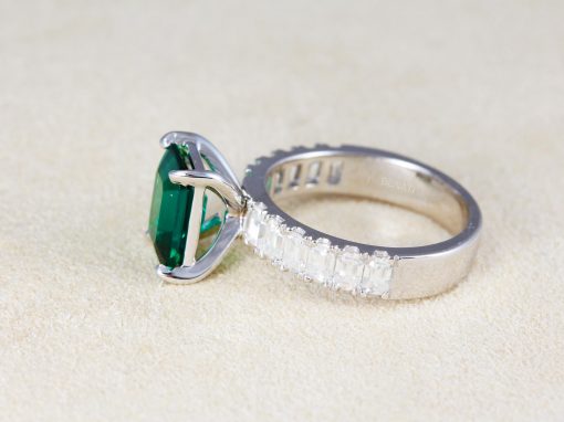 Lab Grown Emerald Engagement Ring: 14k White Gold Moissanite Accents
