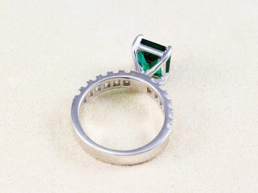 Lab Grown Emerald Engagement Ring: 14k White Gold Moissanite Accents