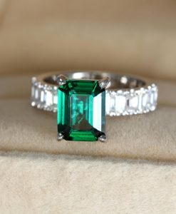 Lab Grown Emerald Engagement Ring: 14k White Gold Moissanite Accents - Image 3