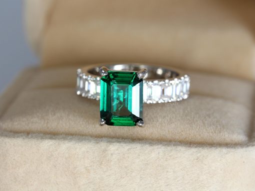Lab Grown Emerald Engagement Ring: 14k White Gold Moissanite Accents