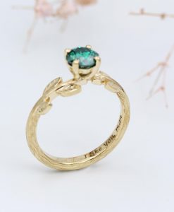Gold Leaf Ring with Cushion Cut Green Moissanite, Nature Inspired Engagement Ring - Image 7