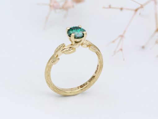 Gold Leaf Ring with Cushion Green Moissanite, Nature Inspired Engagement Ring