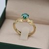 Gold Leaf Ring with Cushion Green Moissanite, Nature Inspired Engagement Ring