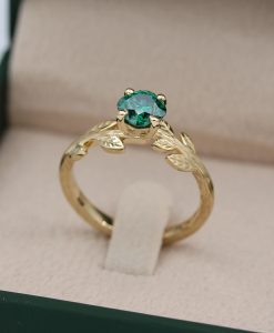 Gold Leaf Ring with Cushion Cut Green Moissanite, Nature Inspired Engagement Ring - Image 4