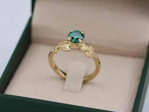 Gold Leaf Ring with Cushion Green Moissanite, Nature Inspired Engagement Ring