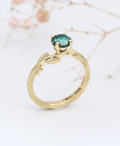 Gold Leaf Ring with Cushion Cut Green Moissanite, Nature Inspired Engagement Ring - Image 2