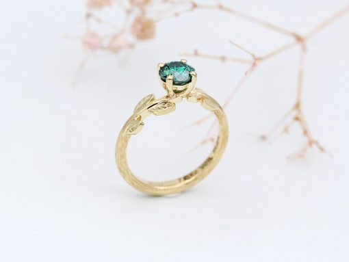 Gold Leaf Ring with Cushion Green Moissanite, Nature Inspired Engagement Ring