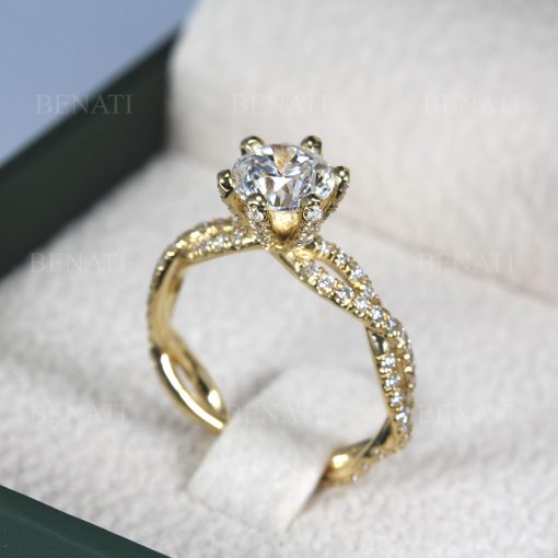 Gold Diamond Engagement Ring: Twisted Band Solitaire 1.17 Carat