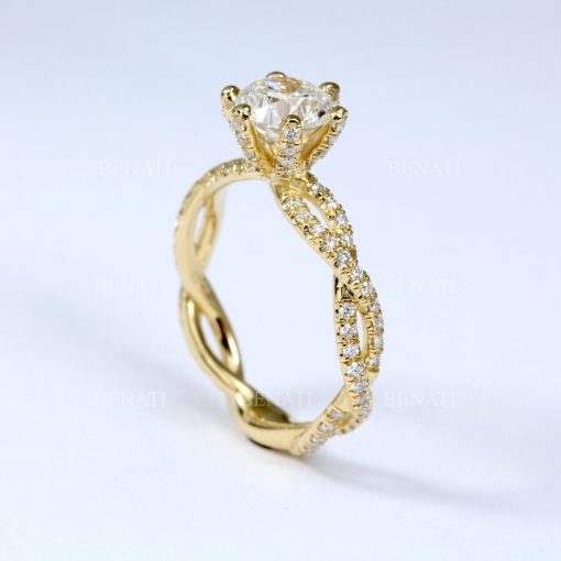 Gold Diamond Engagement Ring: Twisted Band Solitaire 1.17 Carat