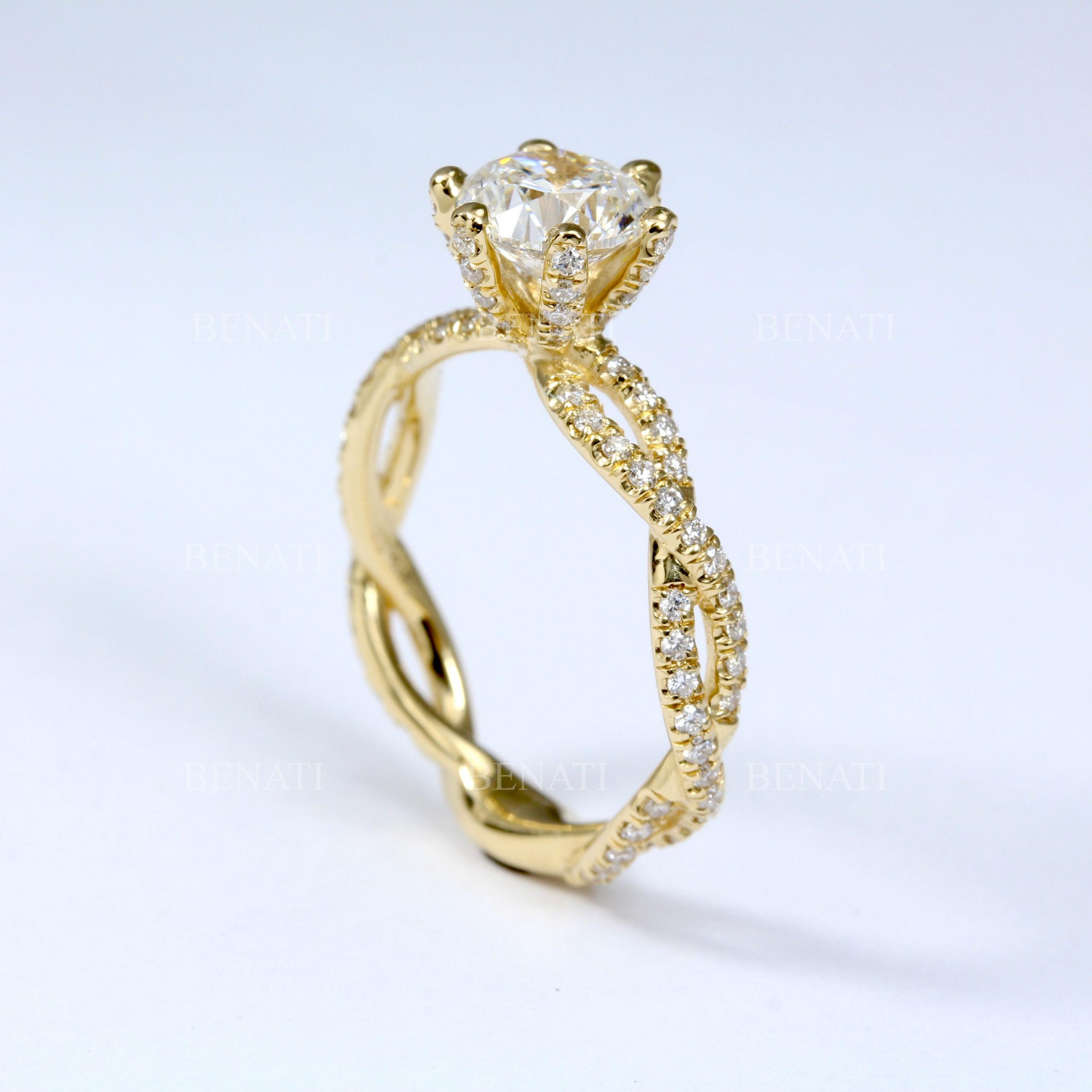 Gold Diamond Engagement Ring: Twisted Band Solitaire 1.17 Carat