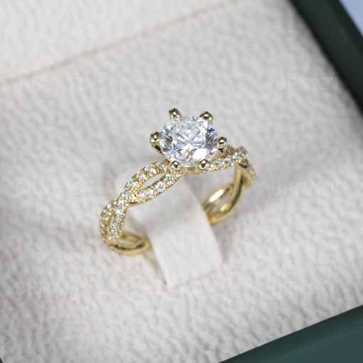Gold Diamond Engagement Ring: Twisted Band Solitaire 1.17 Carat