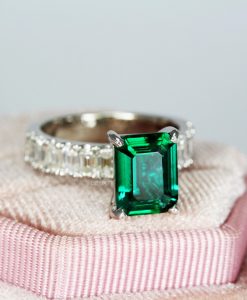 Lab Grown Emerald Engagement Ring: 14k White Gold Moissanite Accents