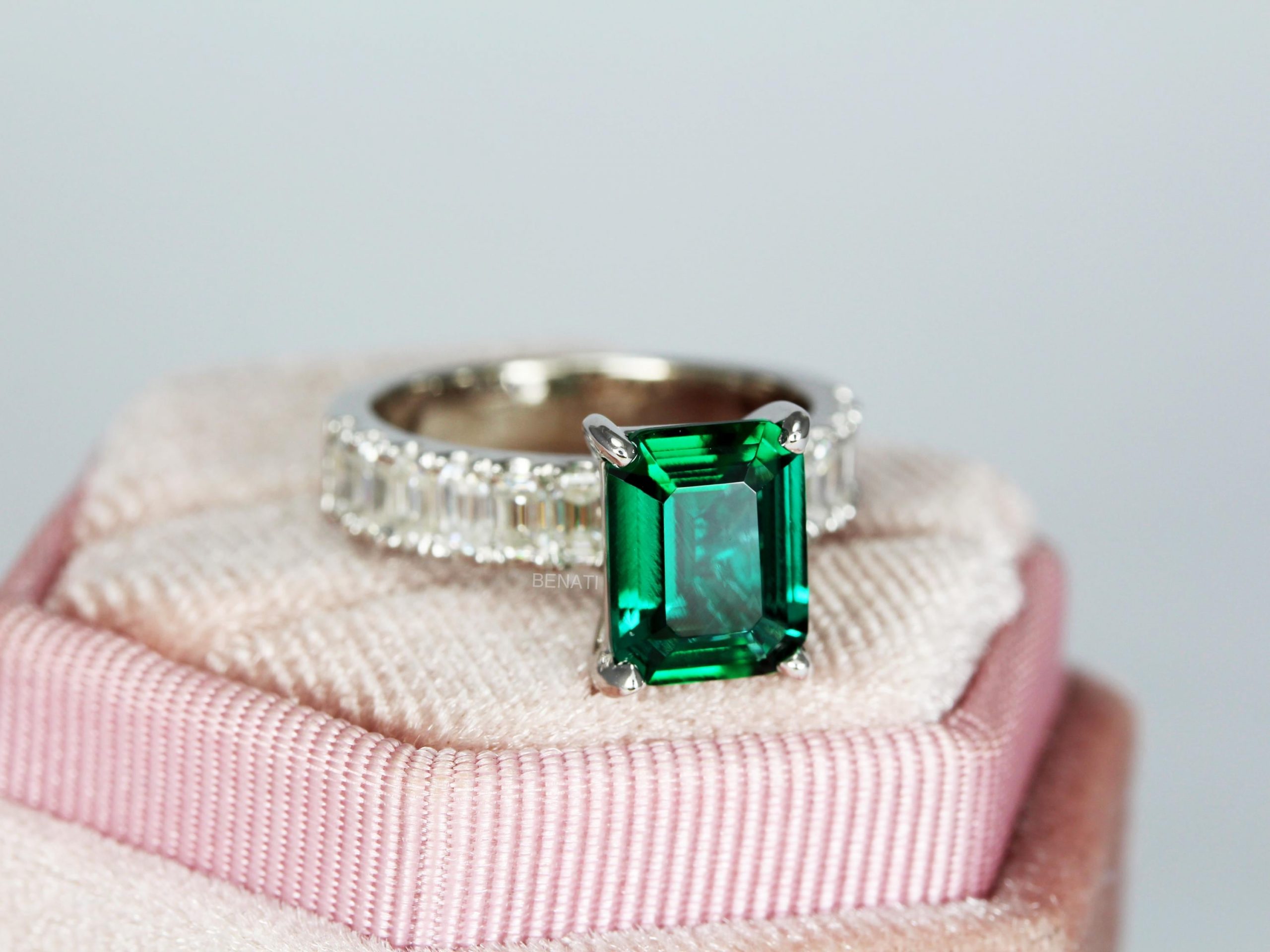 Lab Grown Emerald Engagement Ring: 14k White Gold Moissanite Accents