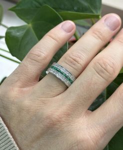 8mm Emerald And Diamond Three Row Eternity Band: Channel Set Baguette Emeralds Princess Cut Moissanite Ring - Image 2