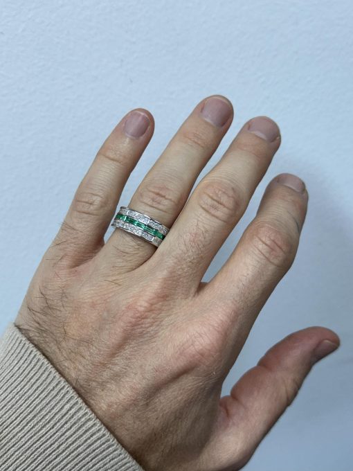 8mm Emerald And Diamond Three Row Eternity Band: Channel Set Baguette Emeralds Princess Cut Moissanite Ring
