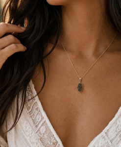 14k Gold Black Diamond Hamsa Necklace - Image 2