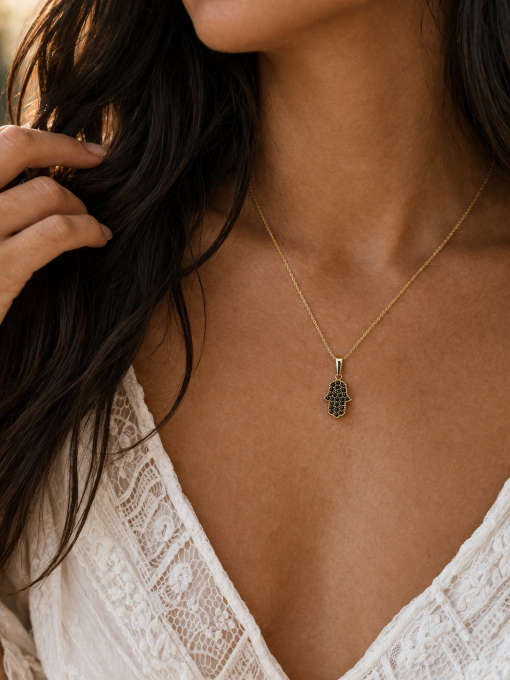 14k Gold Black Diamond Hamsa Necklace