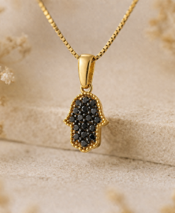 14k Gold Black Diamond Hamsa Necklace