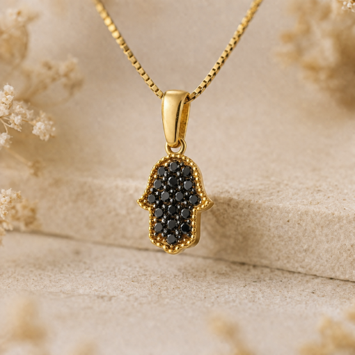 14k Gold Black Diamond Hamsa Necklace