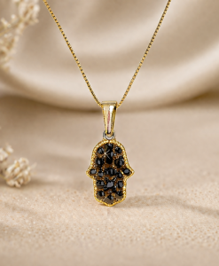 14k Gold Black Diamond Hamsa Necklace - Image 4
