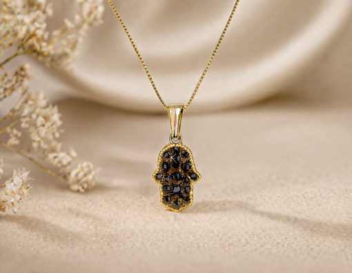 14k Gold Black Diamond Hamsa Necklace