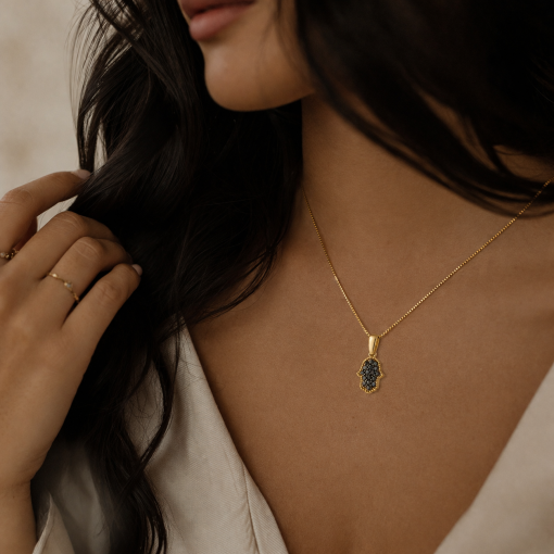 14k Gold Black Diamond Hamsa Necklace