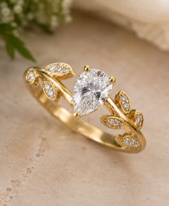 Pear Cut Lab Diamond Engagement Ring: Nature Inspired Band, Lab Diamond Accents