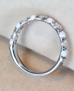 Solid Gold Opal Lab Diamond Eternity Band 3mm Promise Wedding Stackable Ring - Image 4