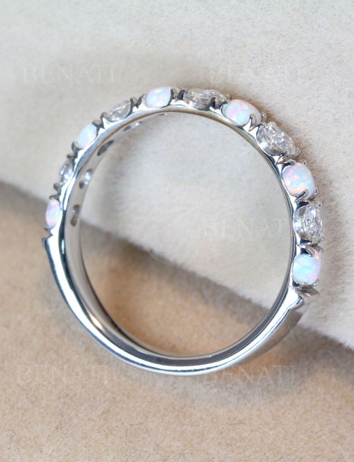 Solid Gold Opal Lab Diamond Eternity Band 3mm Promise Wedding Stackable Ring