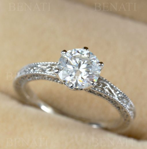 Lab Grown Diamond Engagement Ring Scroll Filigree Antique Style Sterling Silver
