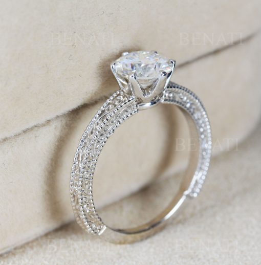 Lab Grown Diamond Engagement Ring Scroll Filigree Antique Style Sterling Silver