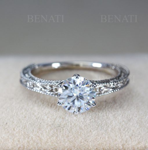 Lab Grown Diamond Engagement Ring Scroll Filigree Antique Style Sterling Silver