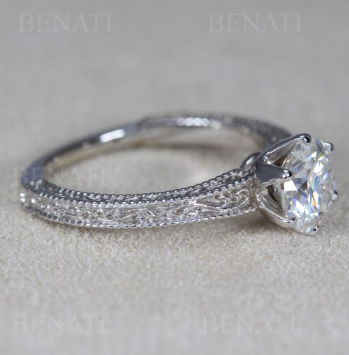 Lab Grown Diamond Engagement Ring Scroll Filigree Antique Style Sterling Silver