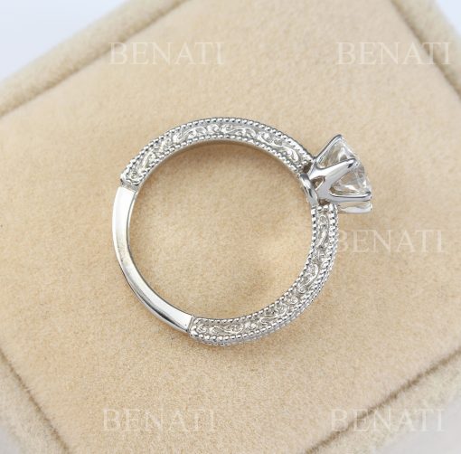 Lab Grown Diamond Engagement Ring Scroll Filigree Antique Style Sterling Silver