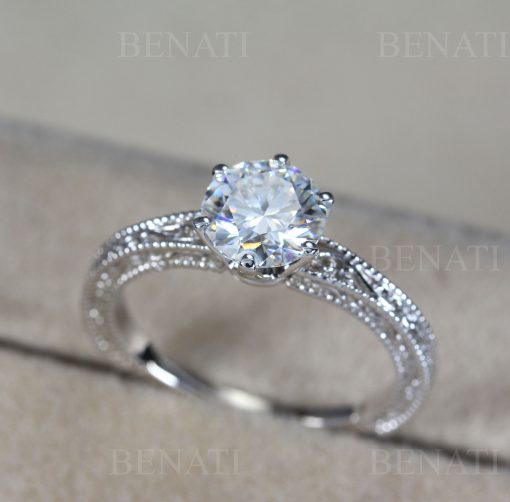 Lab Grown Diamond Engagement Ring Scroll Filigree Antique Style Sterling Silver